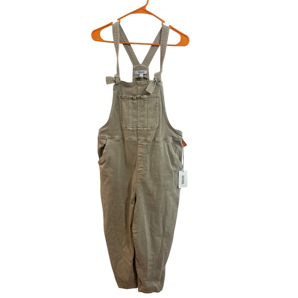 Zenana NWT Hazen Knot Strap Overalls Jumpsuit Sz M Tan Beige Womens - Picture 2 of 8